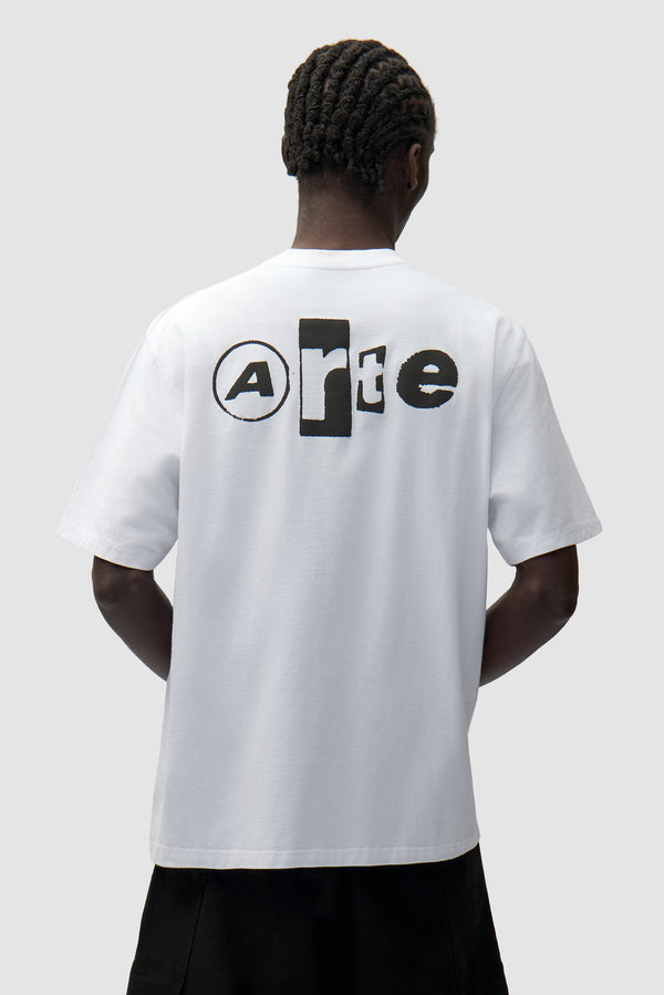 Back Collage T-shirt in White worn by a model, half-body back view