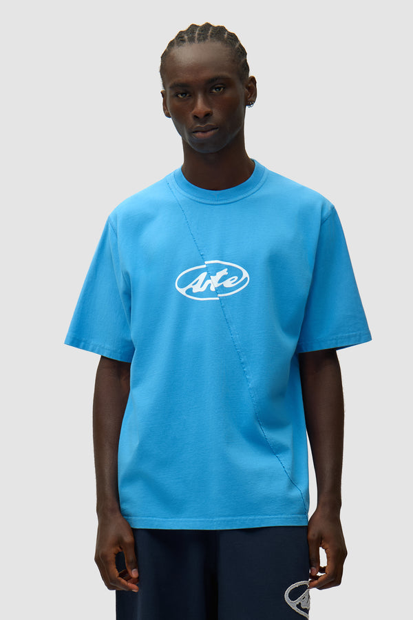 Circle Logo T-shirt in Blue worn by a model, half-body front view