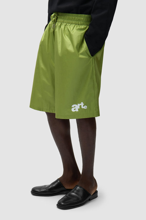 Big Logo Shorts in Green worn by a model, half-body side view