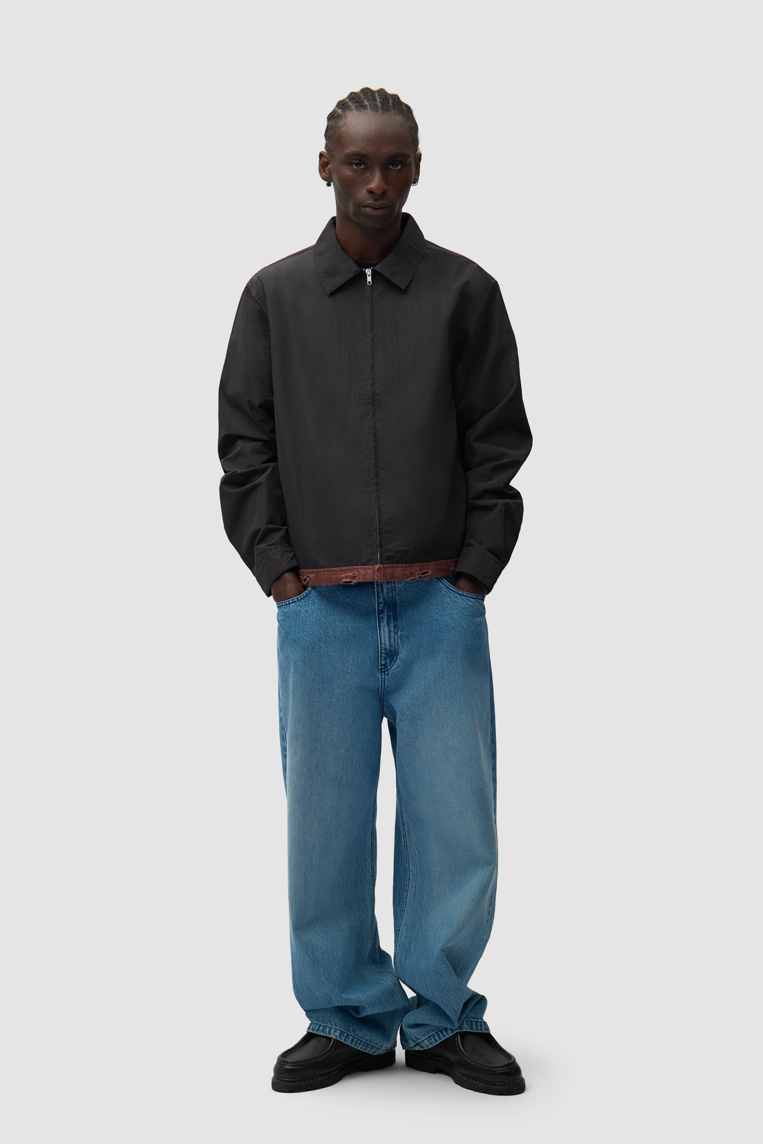 Linen Tape Classic Jacket in Black worn by a model, full-body side view