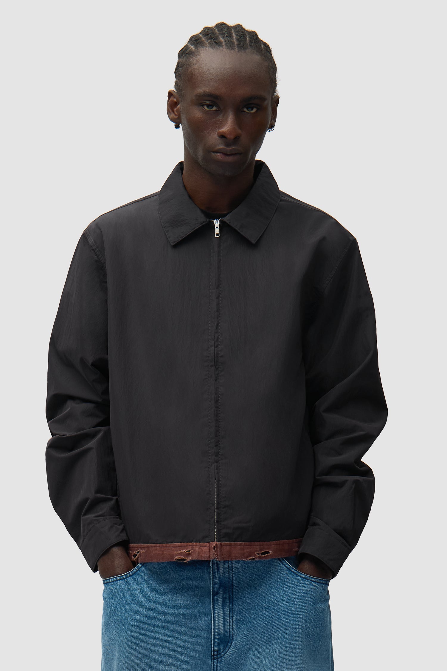 Linen Tape Classic Jacket in Black worn by a model, half-body front view