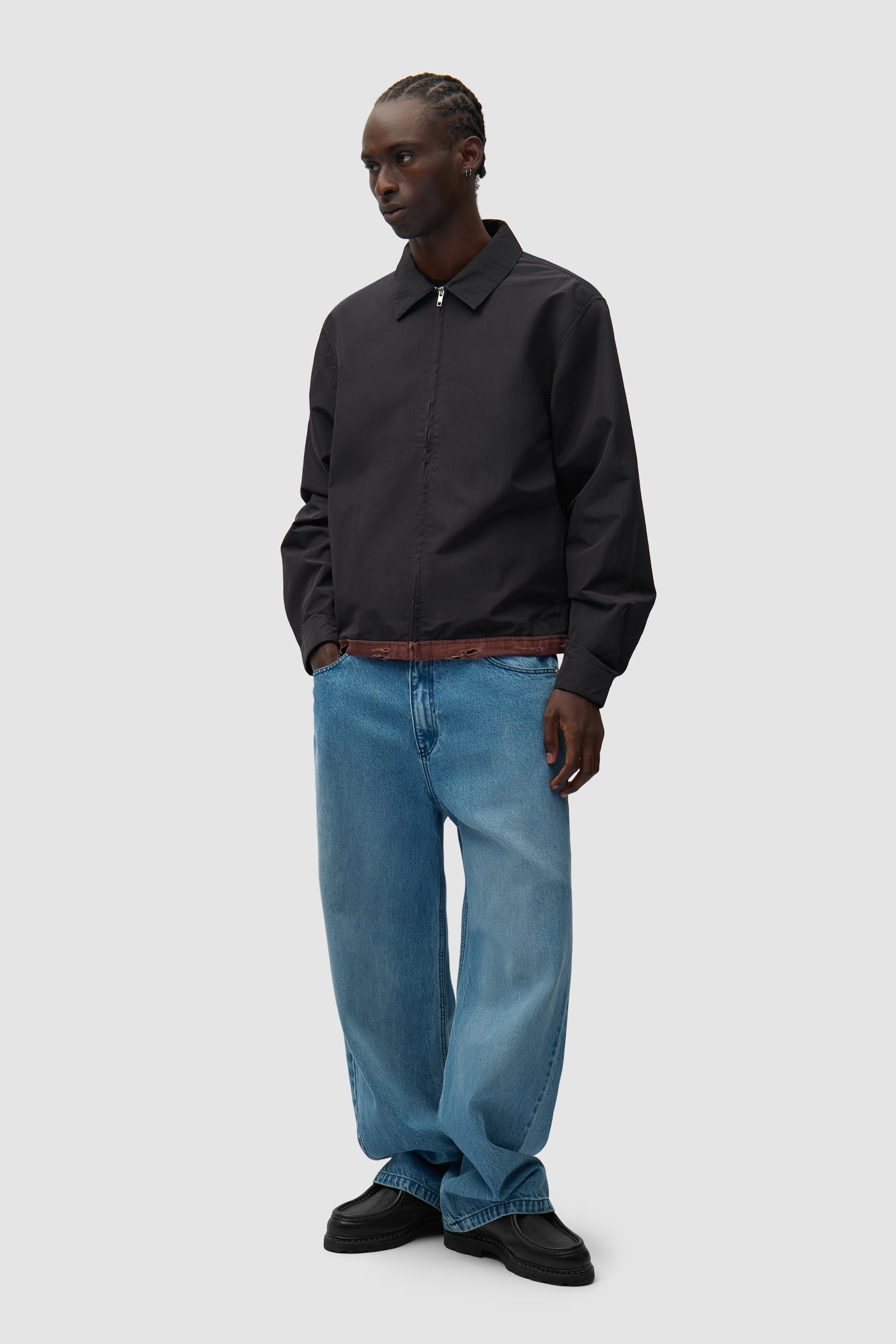 Linen Tape Classic Jacket in Black worn by a model, full-body front view