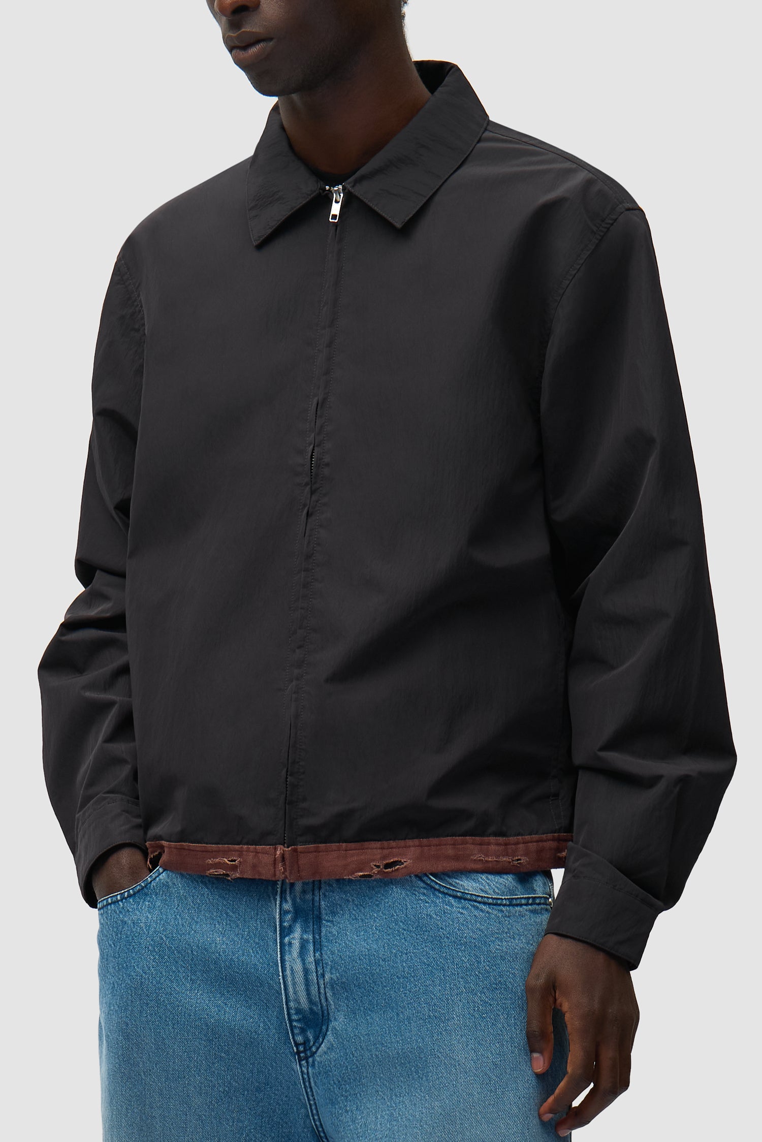 Linen Tape Classic Jacket in Black worn by a model, half-body side view