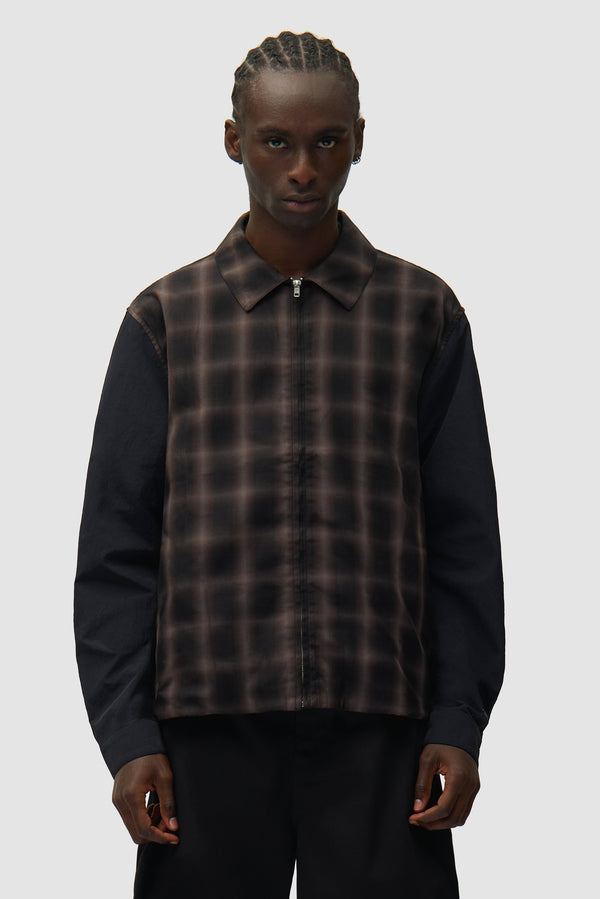 Plaided shirt Jacket in Plaid worn by a model, half-body front view