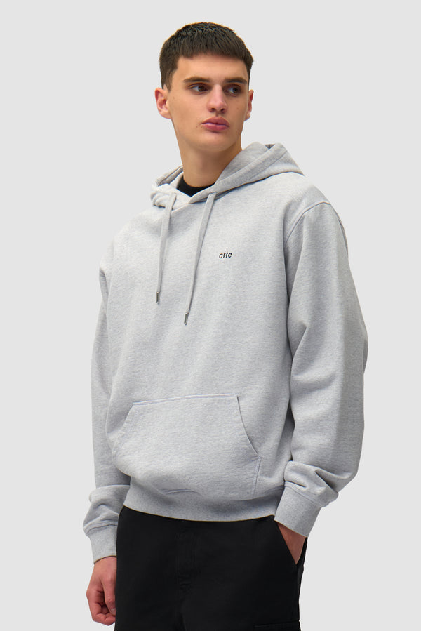 Back Poster Hoodie in Grey worn by a model, half-body front view