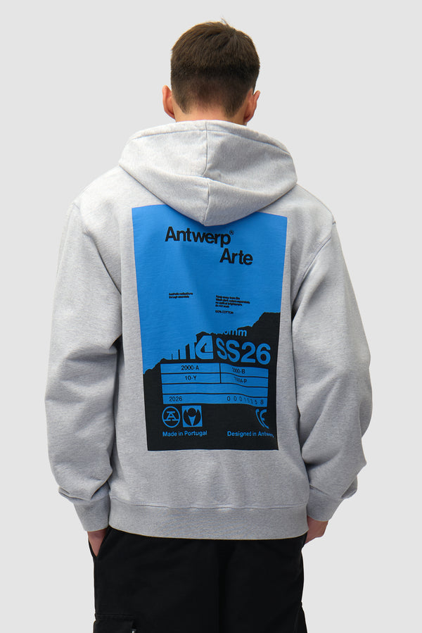 Back Poster Hoodie in Grey worn by a model, half-body back view