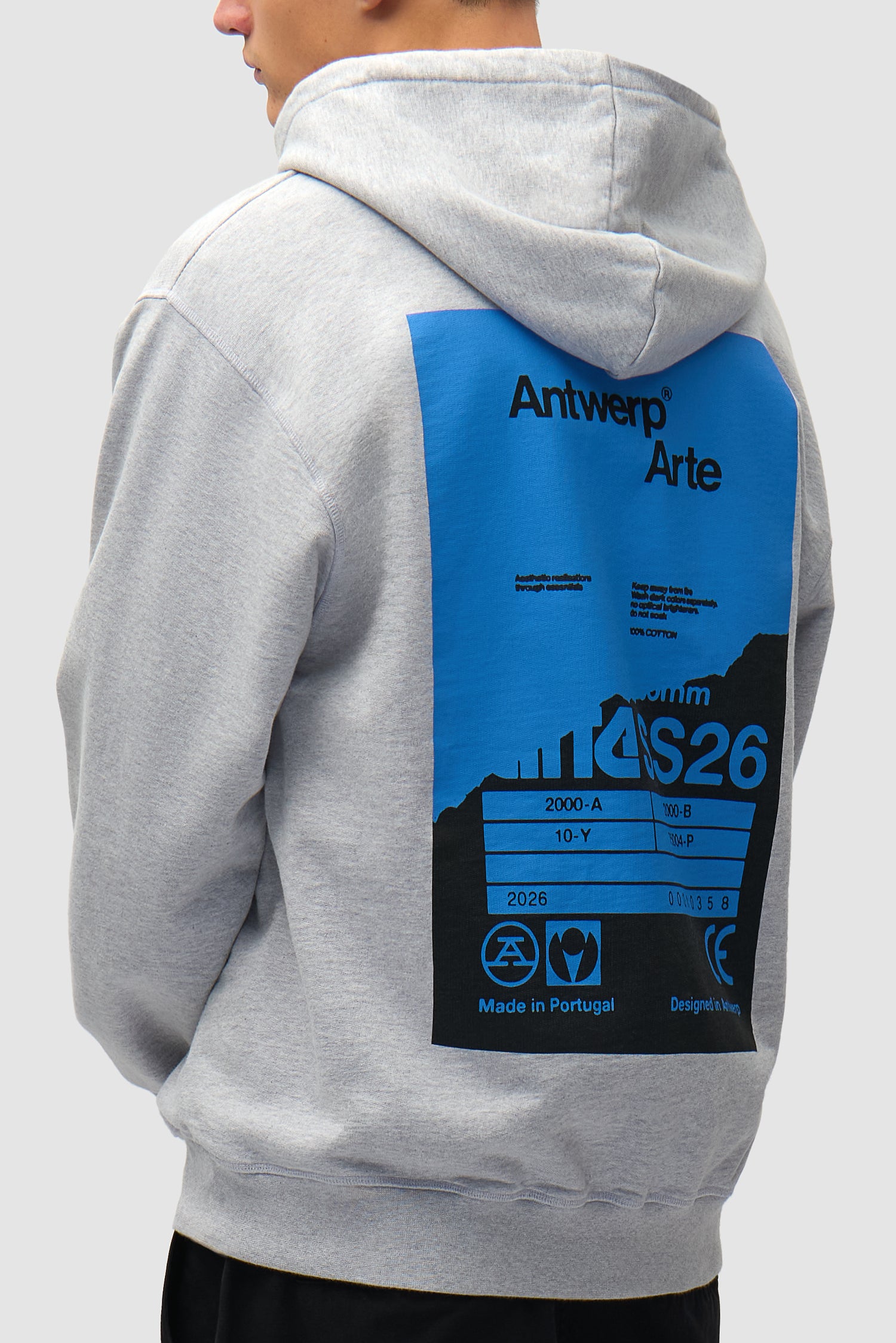 Back Poster Hoodie in Grey worn by a model, half-body side view
