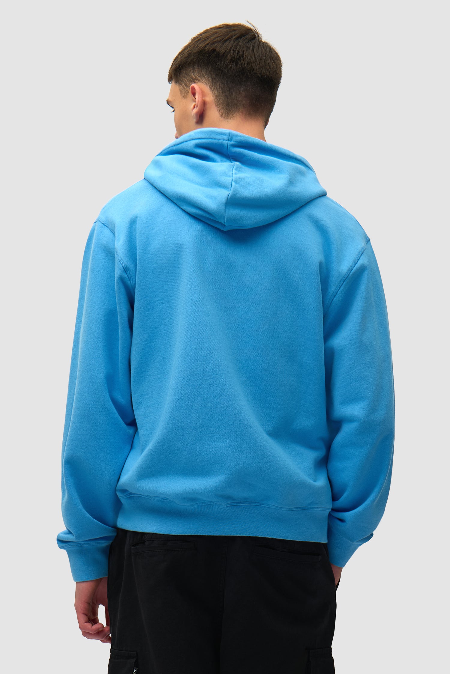 Heart Logo Hoodie in Blue worn by a model, half-body back view