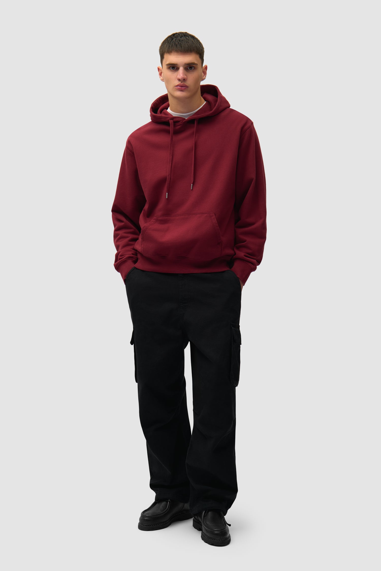 Back Abstract Hoodie in Bordeaux worn by a model, full-body back view