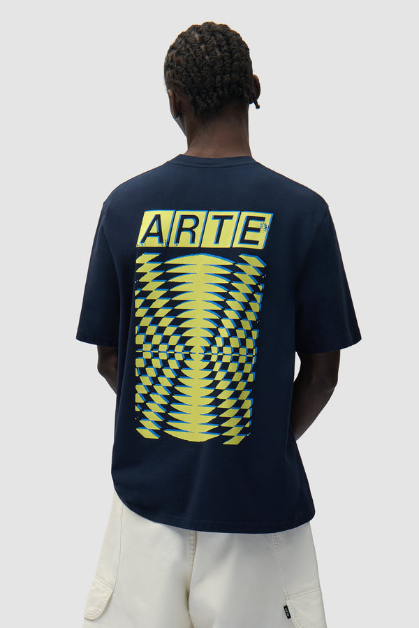 Abstract Back Print T-shirt in Navy worn by a model, half-body back view
