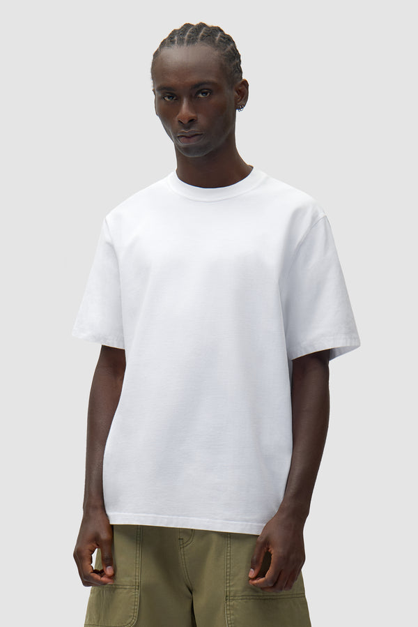 Abstract Back Print T-shirt in White worn by a model, half-body front view
