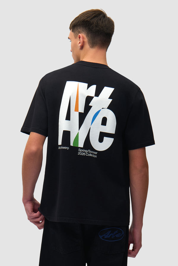 Big Logo Back T-shirt in Black worn by a model, half-body back view