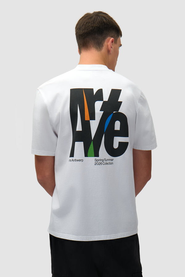 Big Logo Back T-shirt in White worn by a model, half-body back view