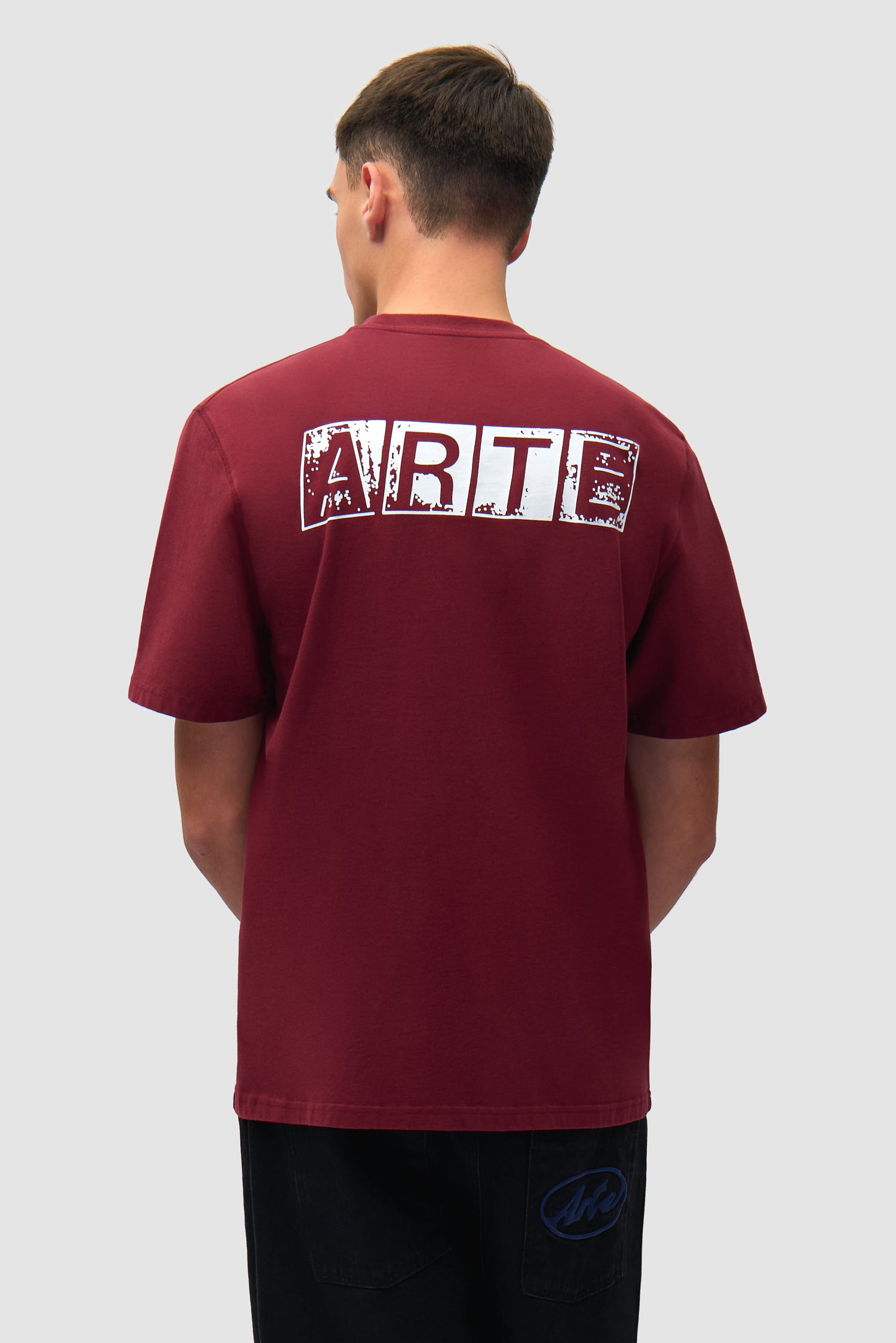 T-shirt à imprimé délavé dans le dos, couleur bordeaux, porté par un mannequin, vue de dos à mi-corps