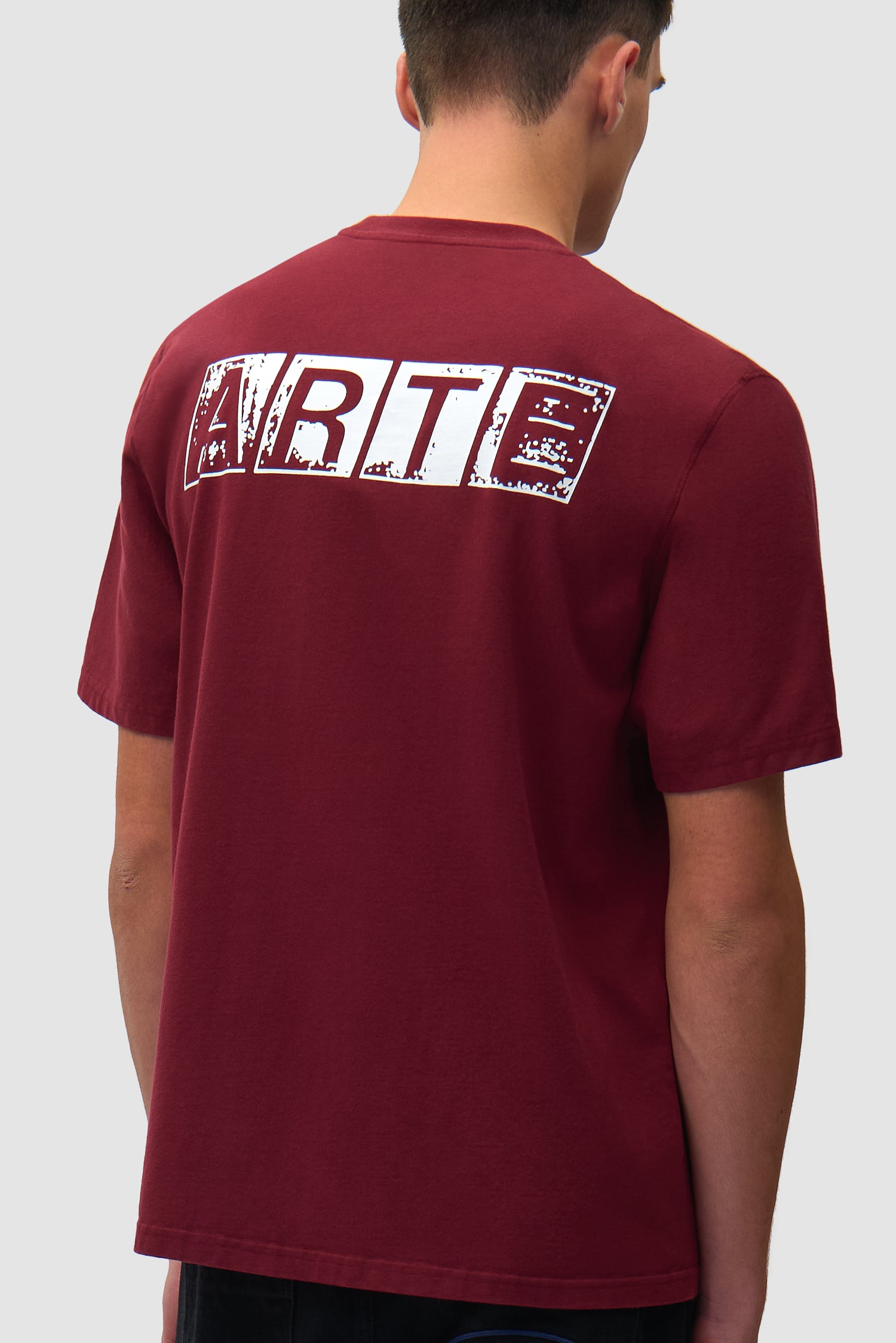 T-shirt à imprimé délavé dans le dos, couleur bordeaux, porté par un mannequin, vue de profil à mi-corps