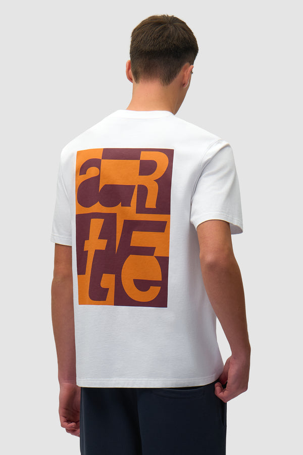 Back Graphic T-shirt in White worn by a model, half-body back view