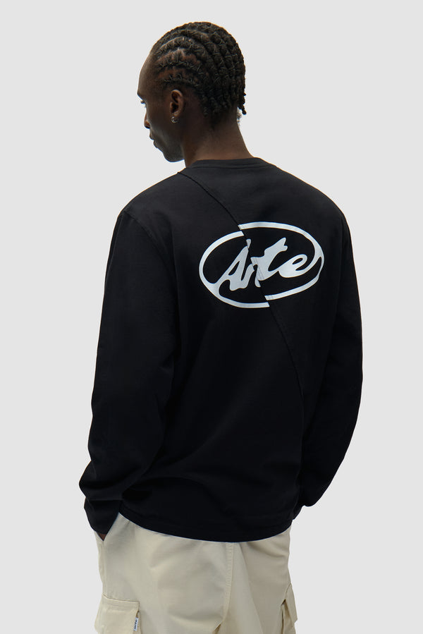 Back Circle Logo Longsleeve in Black worn by a model, half-body back view