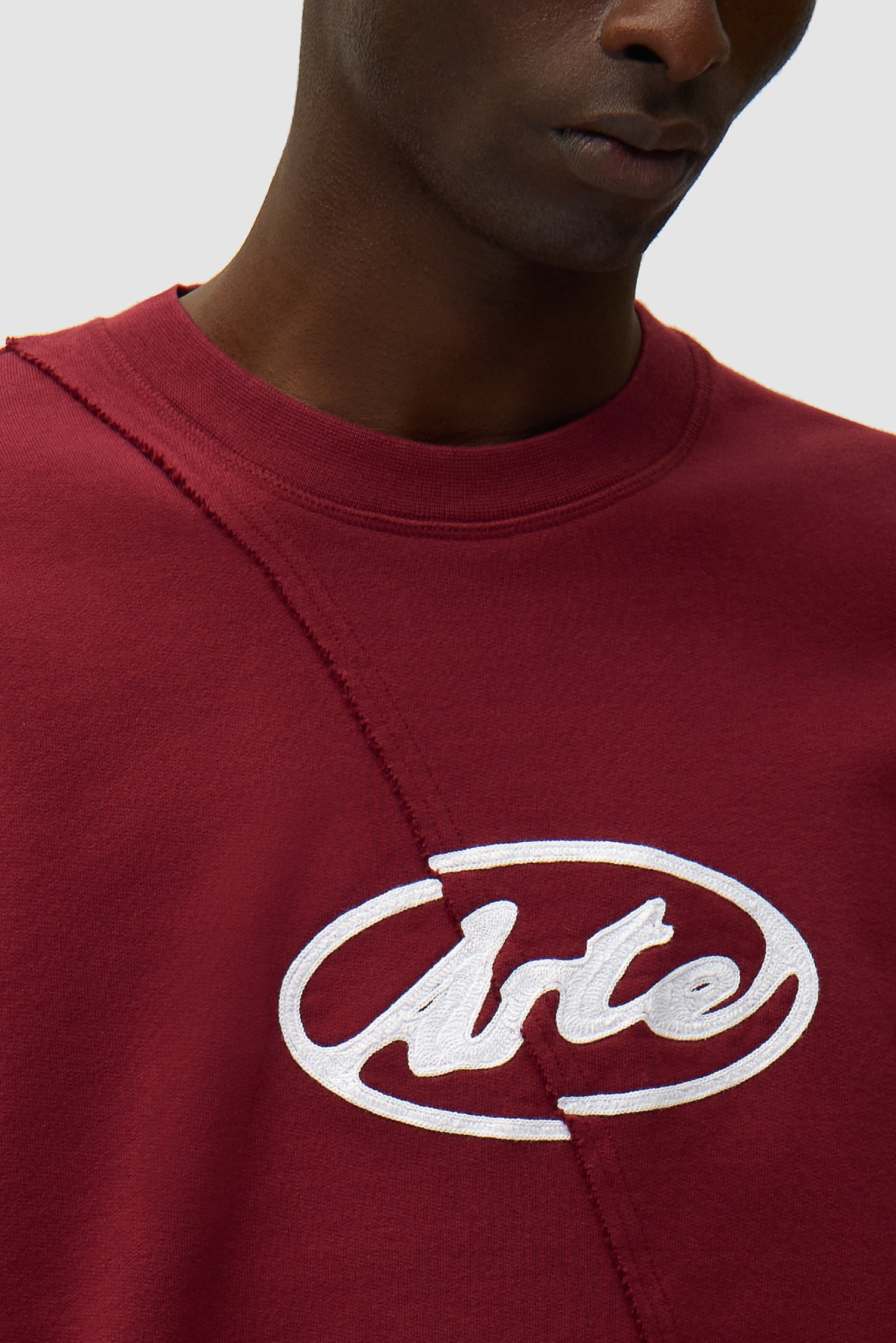 Detail view of Circle Logo Embroidery Sweater in Bordeaux, showing front logo