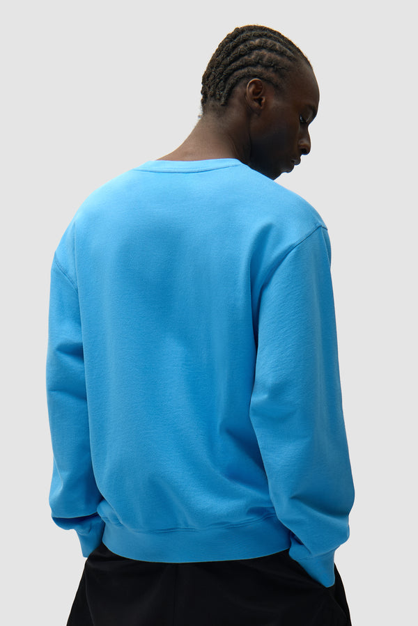 Heart Logo Crewneck in Blue worn by a model, half-body back view