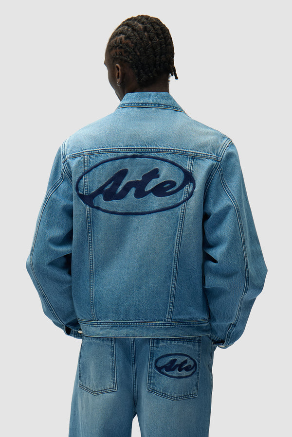 Circle Logo Jeans Jacket in Denim Bleach worn by a model, half-body back view