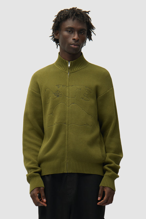 Diels Collar Cardigan in Green worn by a model, half-body front view
