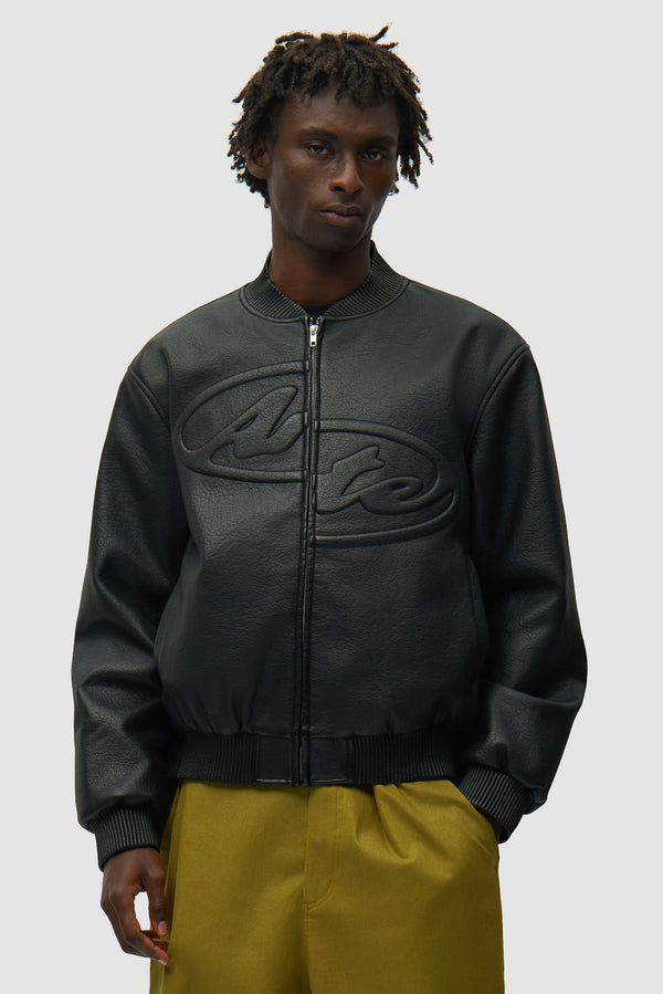 Half Logo Leather Jacket in Black worn by a model, half-body front view