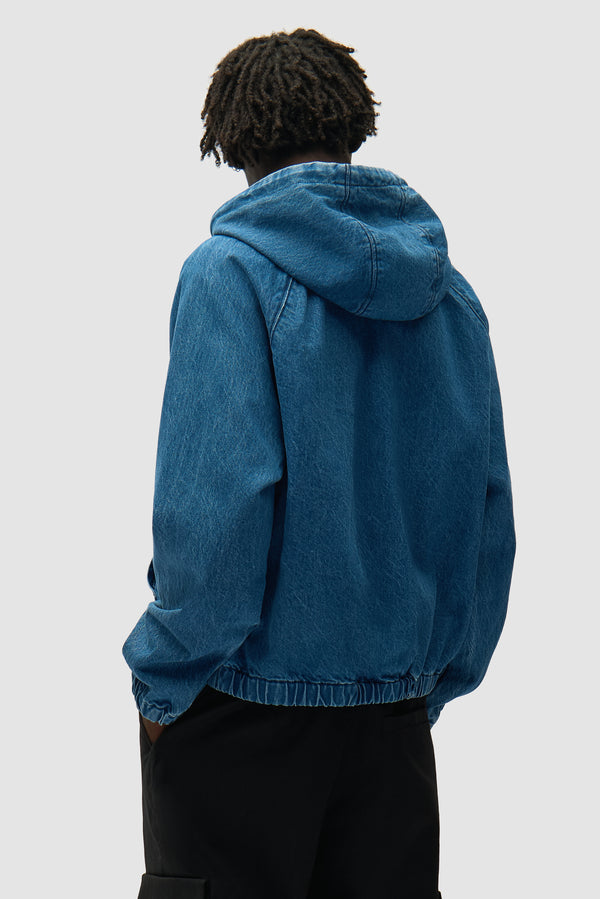 Split Logo denim Hood Jacket in Navy worn by a model, half-body back view