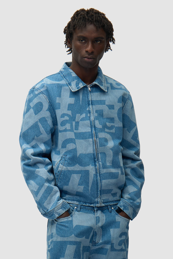 Denim Allover Jacket in Raw Denim worn by a model, half-body front view