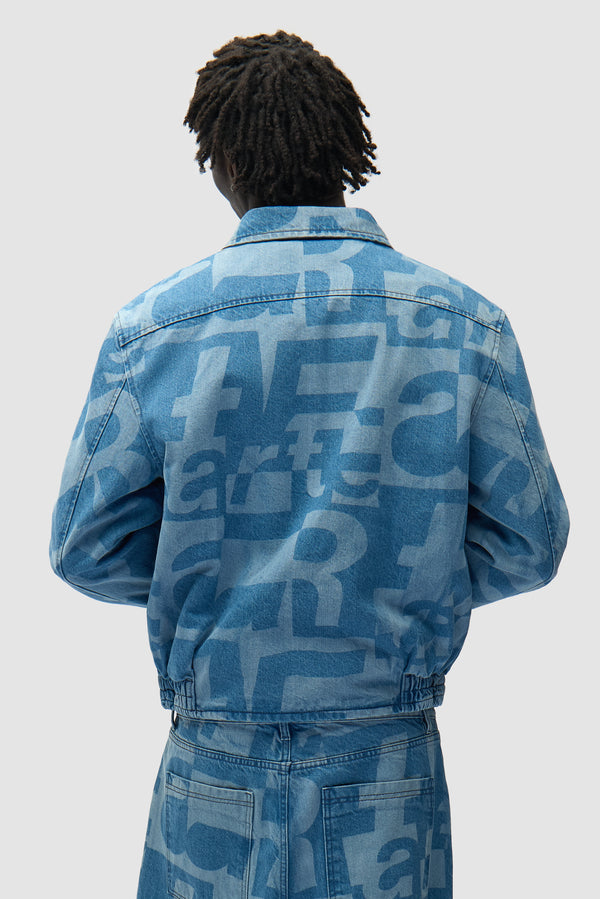 Denim Allover Jacket in Raw Denim worn by a model, half-body back view