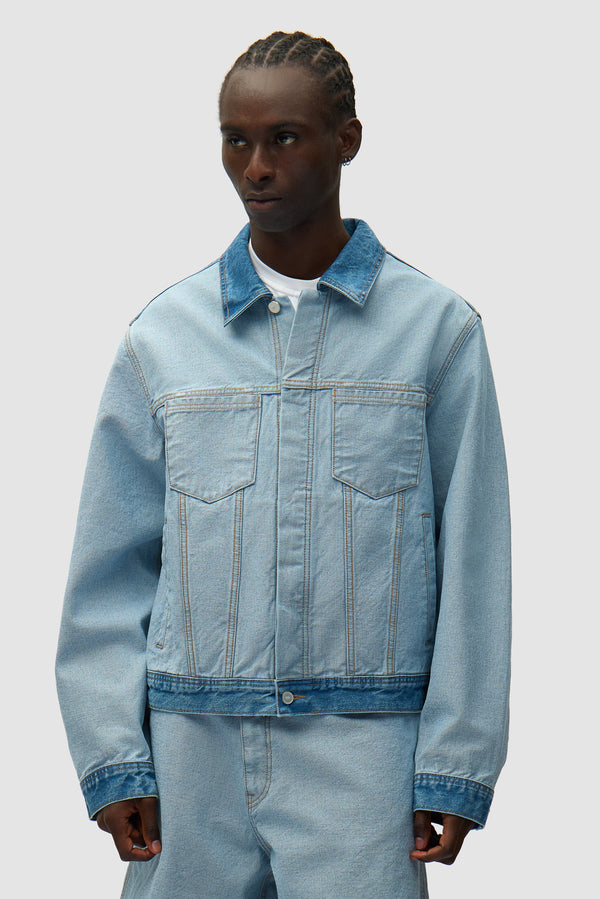 Denim Inside/Out Jacket in Denim Bleach worn by a model, half-body front view
