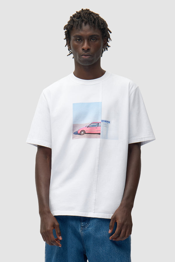 Photo T-shirt in White worn by a model, half-body front view