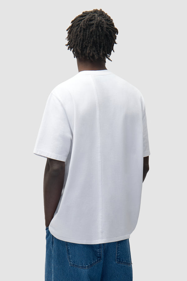 Photo T-shirt in White worn by a model, half-body back view