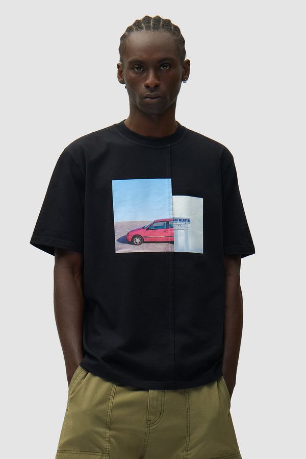 Photo T-shirt in Black worn by a model, half-body front view