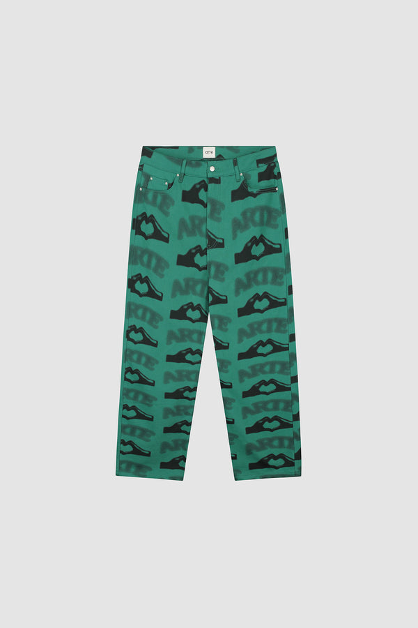 Heart Printed Pants in Green, front view
