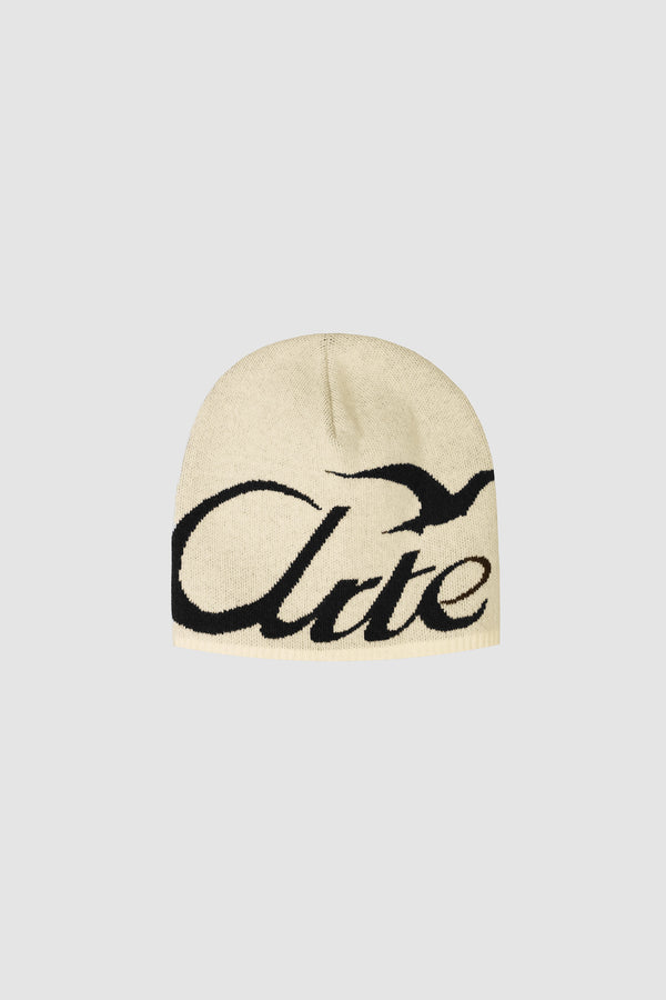Bird Logo Beanie in Cream, front view