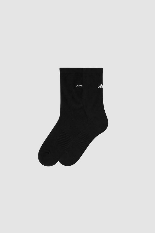 Detail view of Arte for adidas Socks (two pairs) in Black/White, showing Arte and adidas branding on the black pair