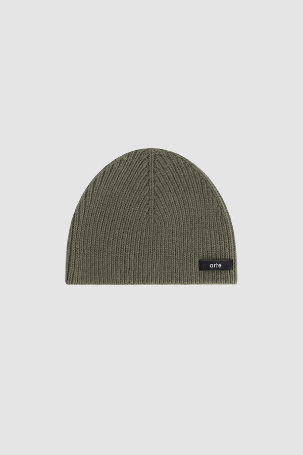 Label Beanie in Dark Green, front view