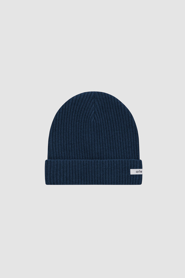 Logo Label Beanie in Navy, front view