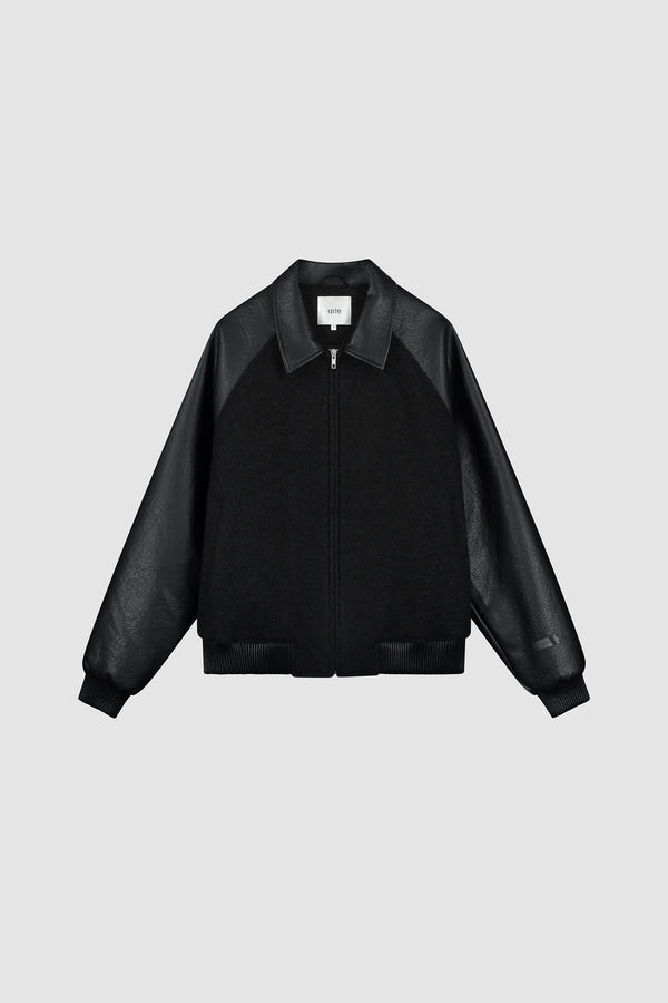 Leather Varsity Jacket in Black, Front view